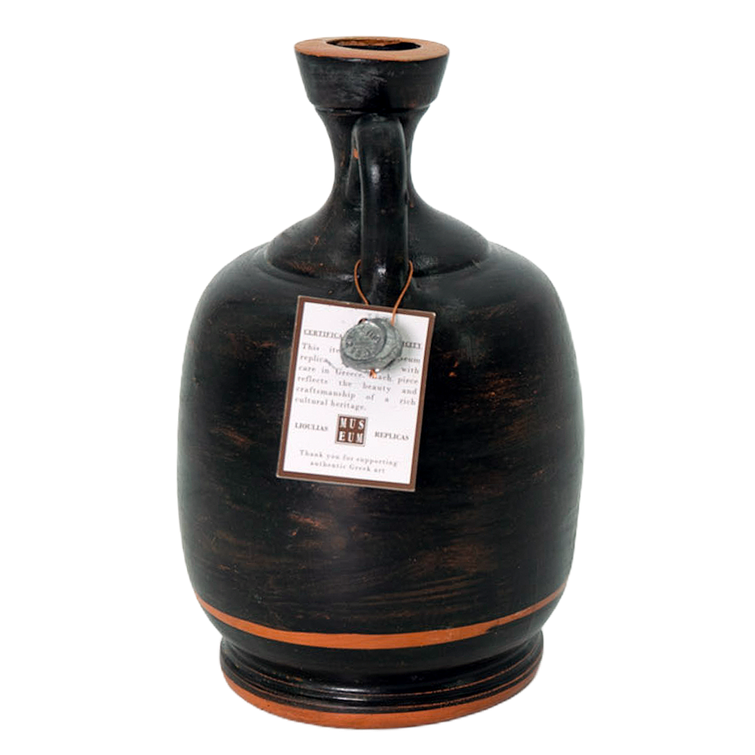Black ceramic jar with a tag on a white background