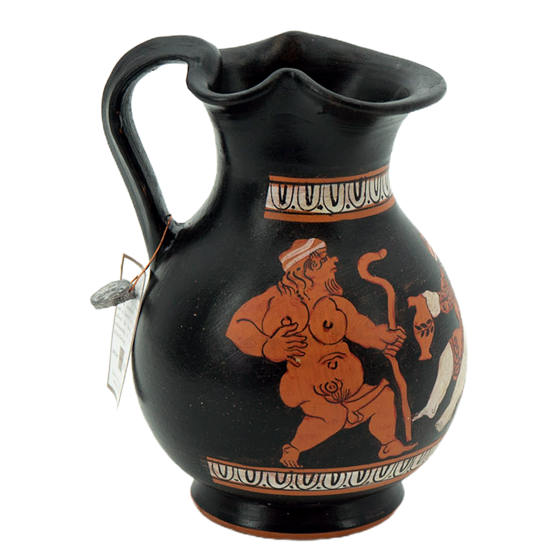Black ceramic pitcher with red and white decorative elements on a white background