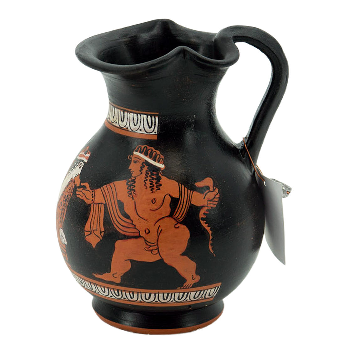 Black pitcher with red and white decorative design on a white background