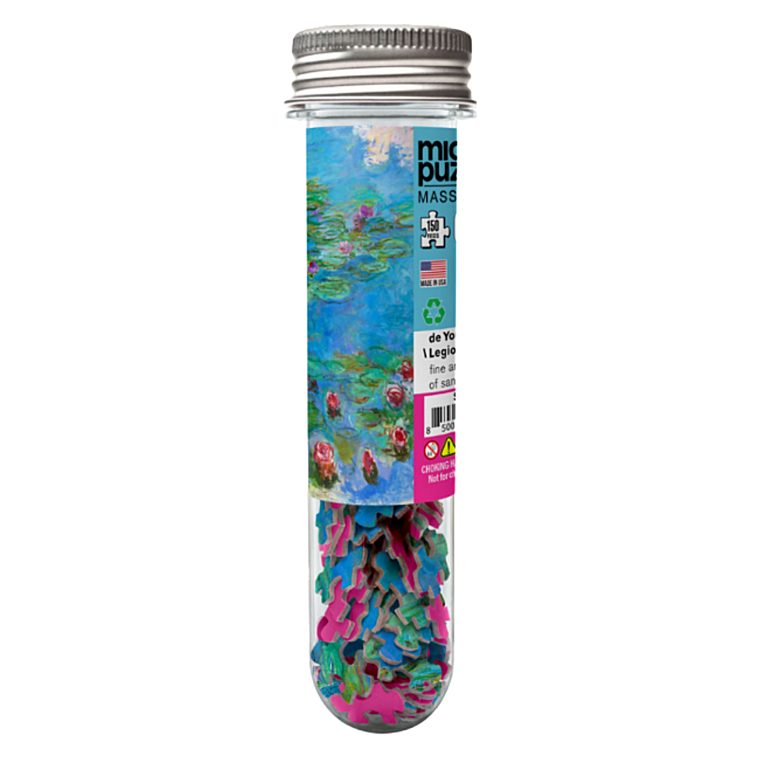A clear cylindrical tube with a silver screw cap. The tube has a printed label featuring a Monet painting