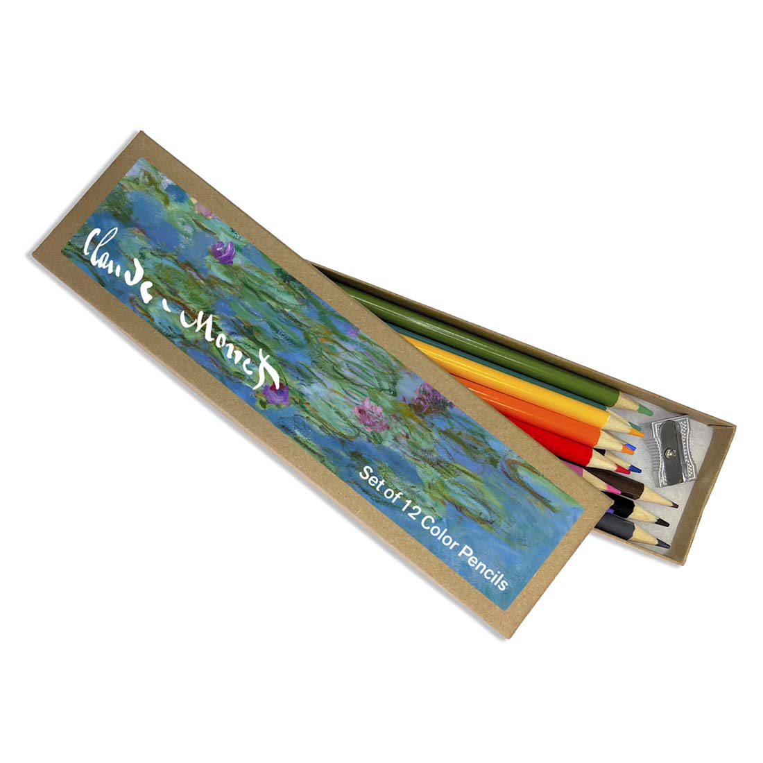 Set of 12 color pencils in a box with Monet's 'Water Lilies' design.