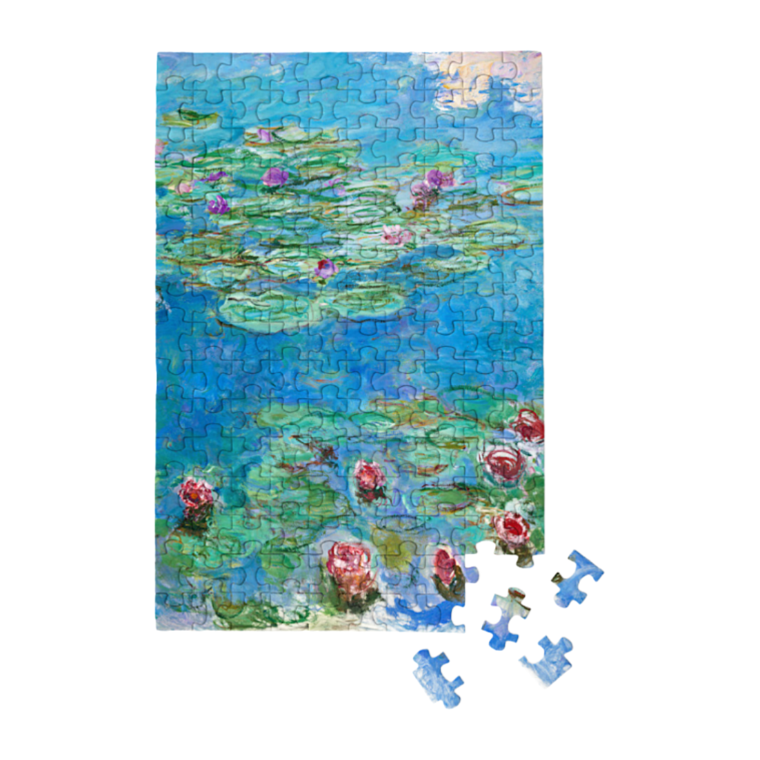 A completed water lily jigsaw puzzle showing a blue pond scene with green lily pads and pink flowers, with several loose blue puzzle pieces placed below on a white background.