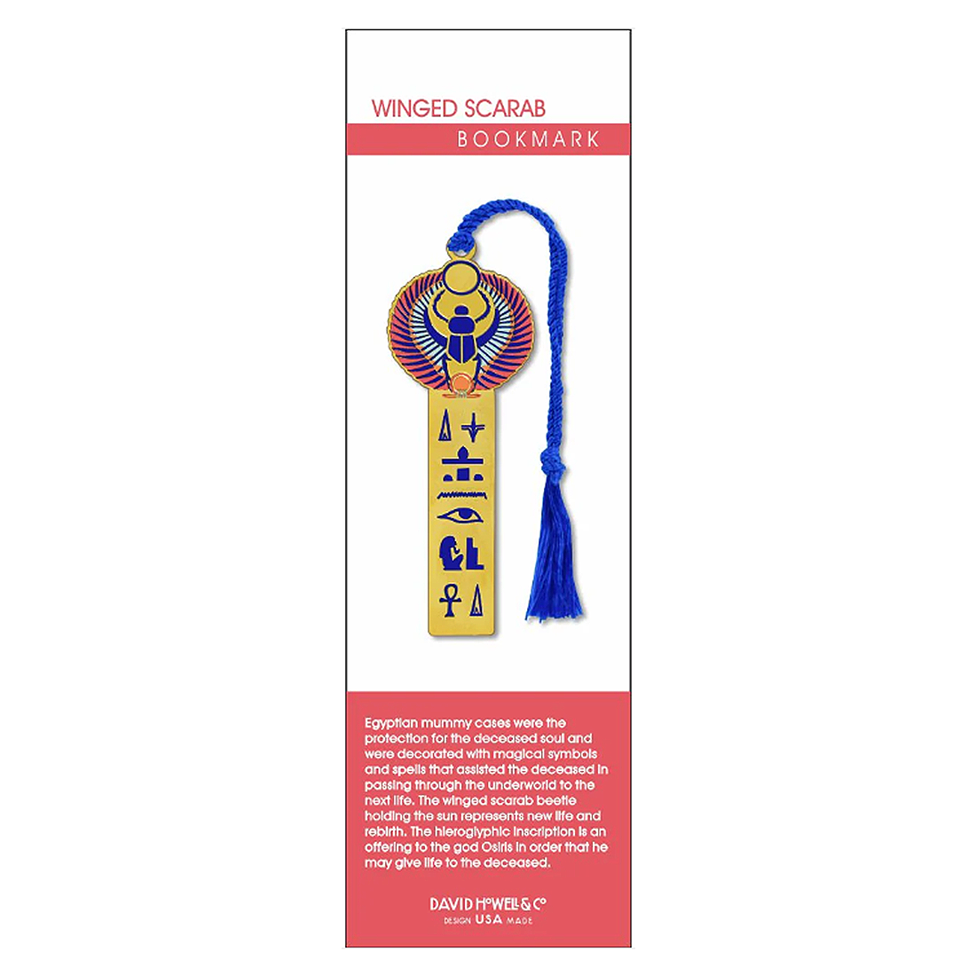 Yellow bookmark with Egyptian hieroglyphics and symbols with a blue tassel  