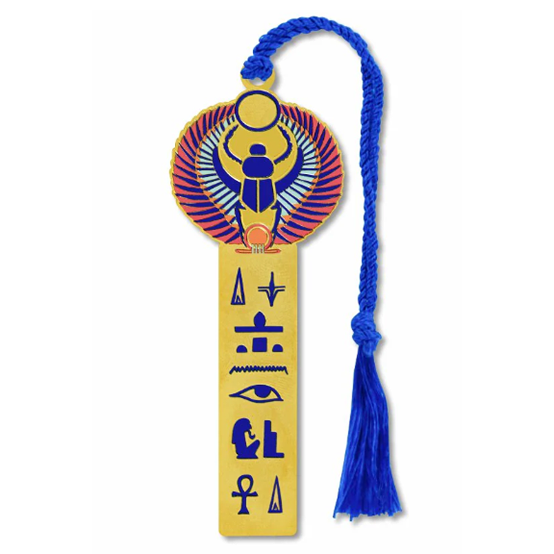 Yellow bookmark with Egyptian hieroglyphics and symbols with a blue tassel  