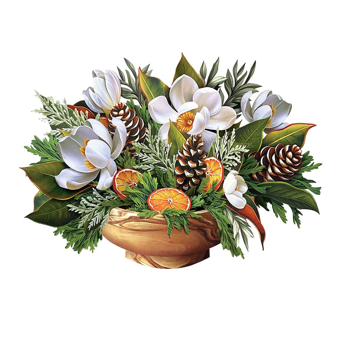 Decorative floral arrangement with white flowers, green leaves, oranges, and pine cones in a wooden bowl on a white background.