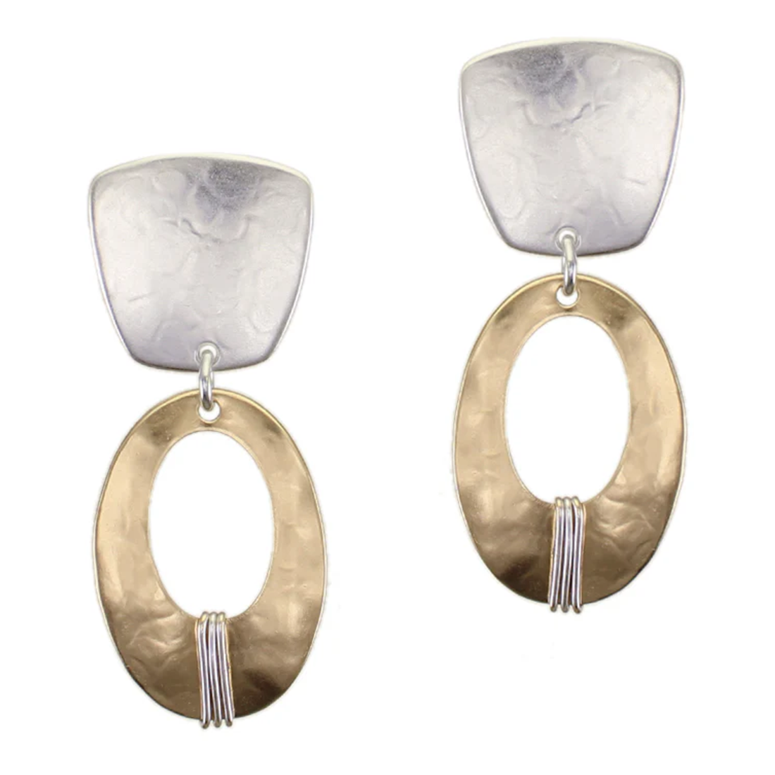 A pair of statement dangle earrings featuring textured silver-tone square studs and hammered gold-tone oval drops with thin wire accents, shown on a plain white background.