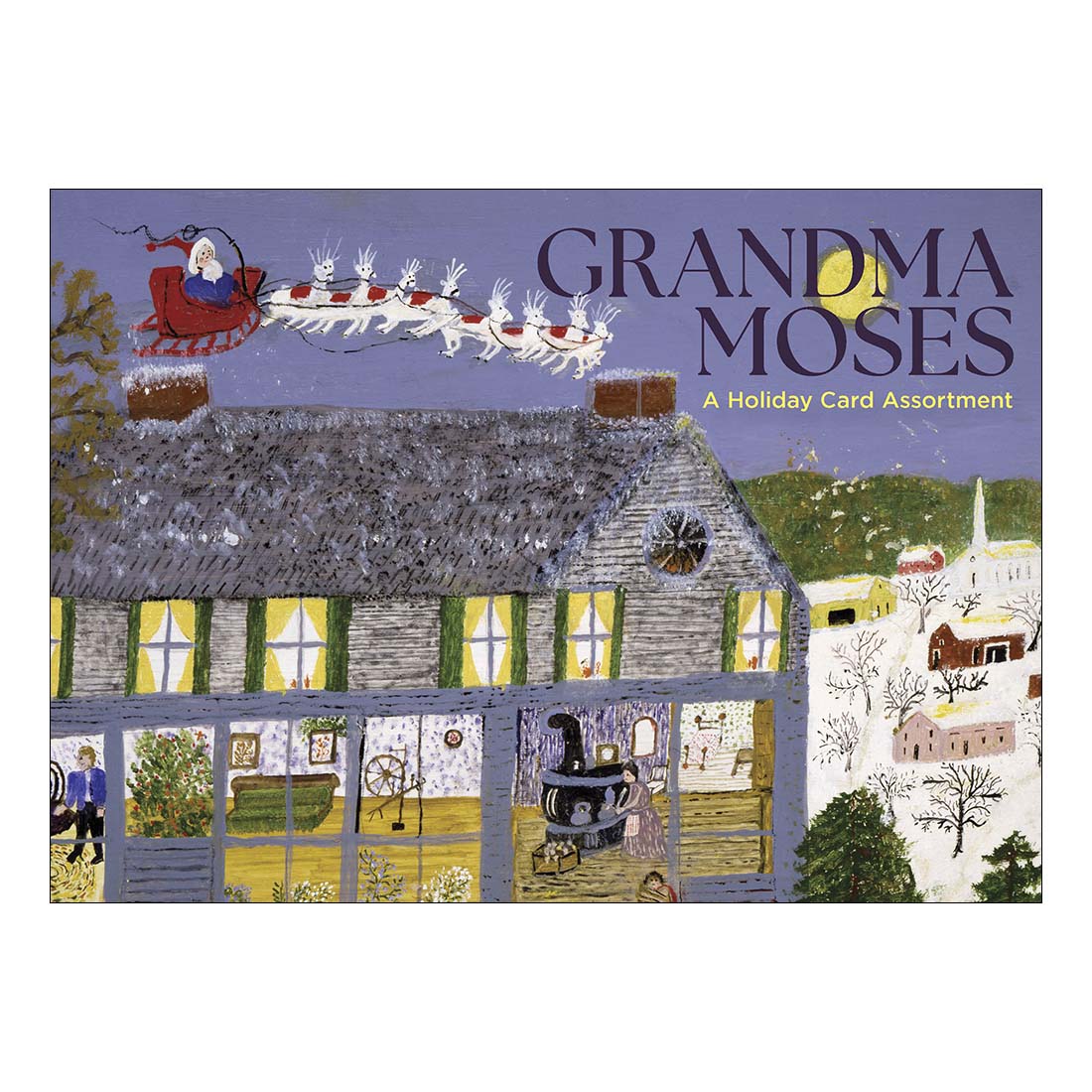 Cover of 'Grandma Moses Holiday Card Assortment' with a house, Santa Claus, and sleigh illustration.