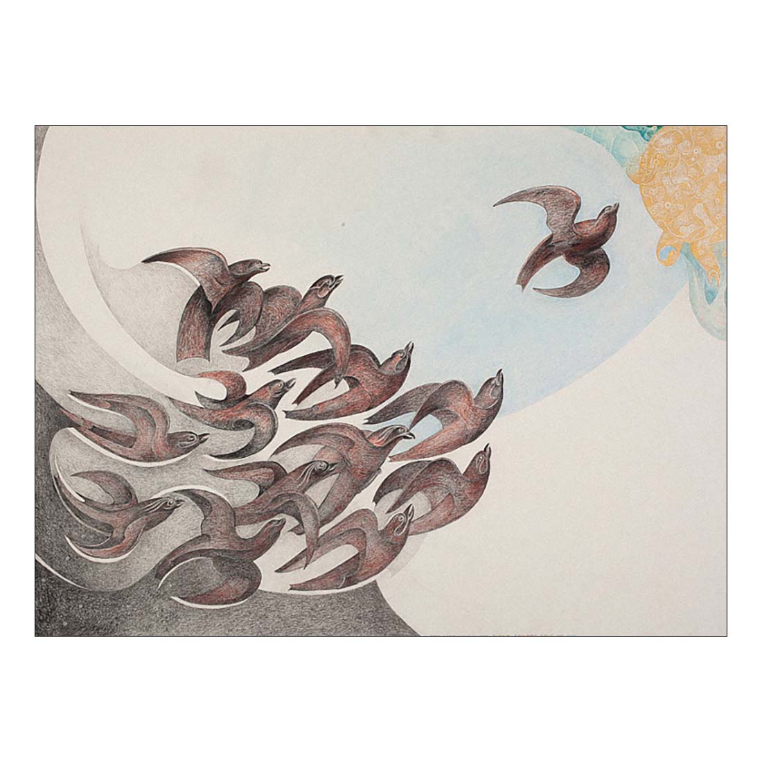 Artistic depiction of birds in flight with a stylized landscape in the background