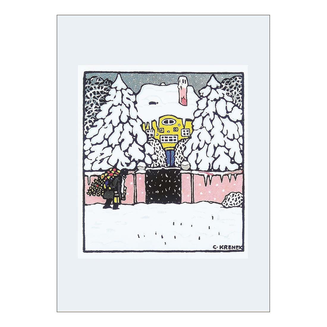 Cartoon illustration of a robot and person in a snowy landscape with trees and a pink fence.