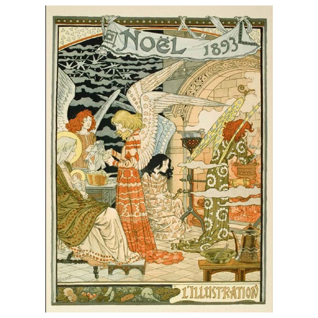 Vintage-style illustration with text 'Noel 1893' and people in a festive setting.