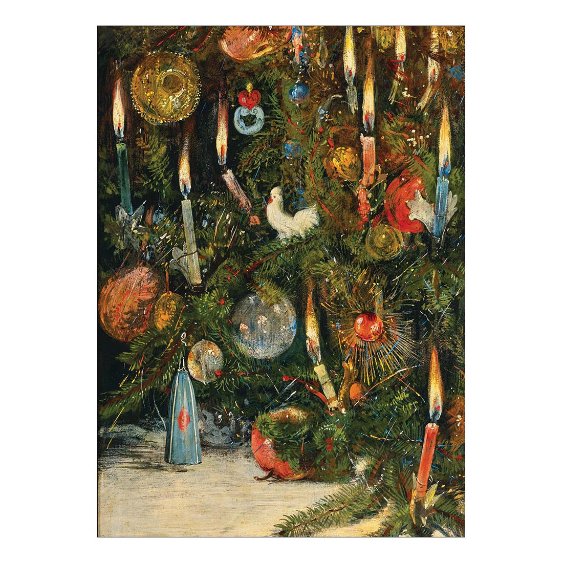 Decorative Christmas tree with ornaments and candles on a white background