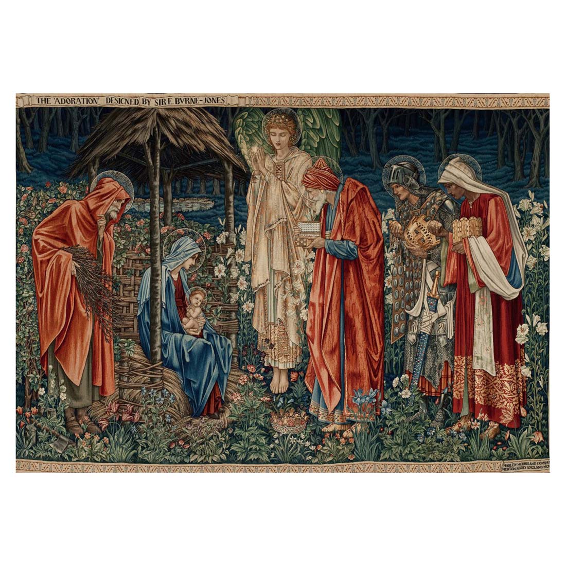 A boxed set of William Morris designed Christmas cards with a religious nativity scene illustration.