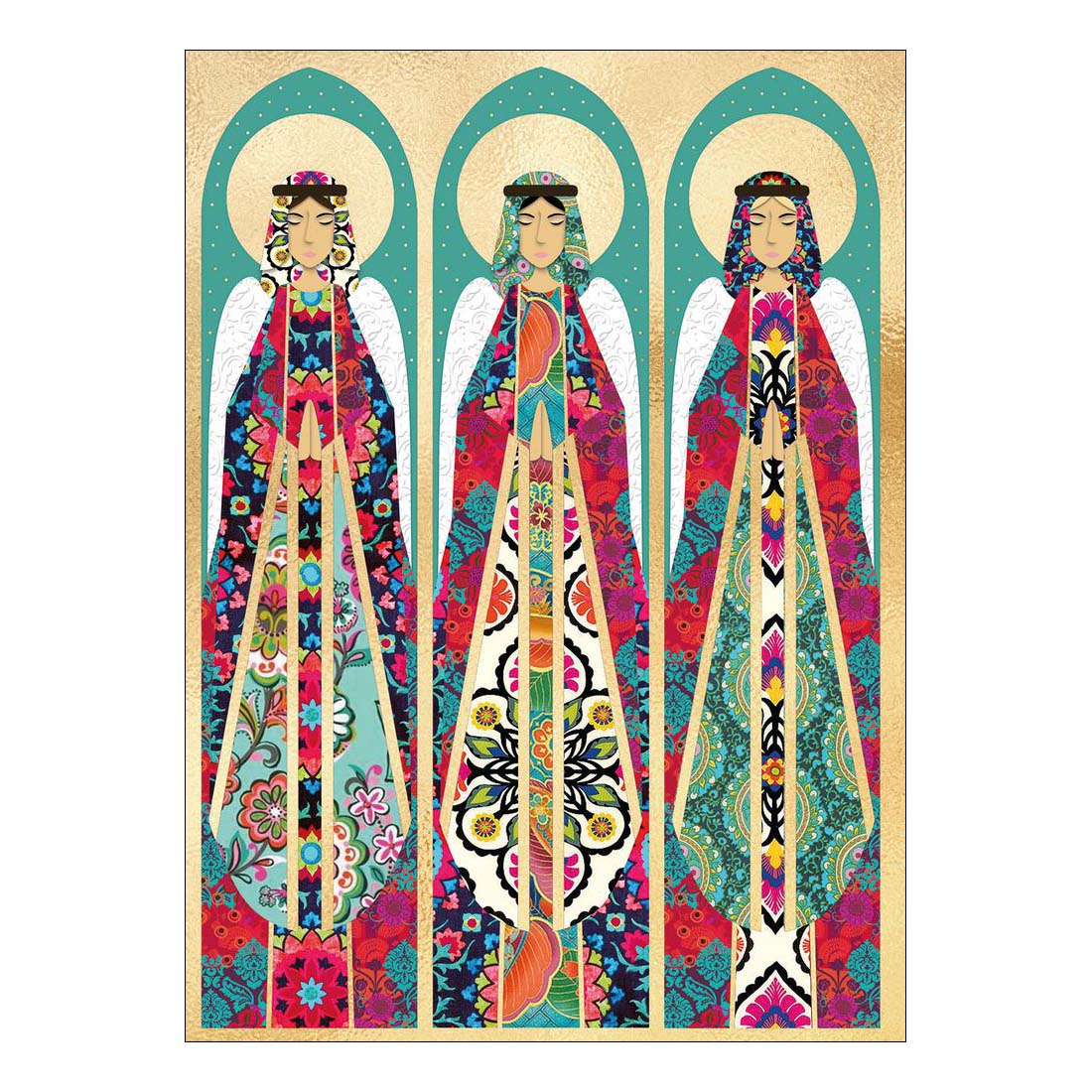 Three colorful angel illustrations with intricate designs on a beige background