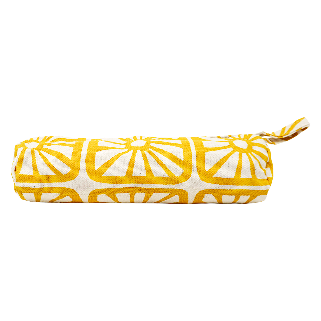 A cylindrical fabric pouch with a yellow and white geometric sunburst pattern, featuring a matching yellow loop handle on a plain white background.