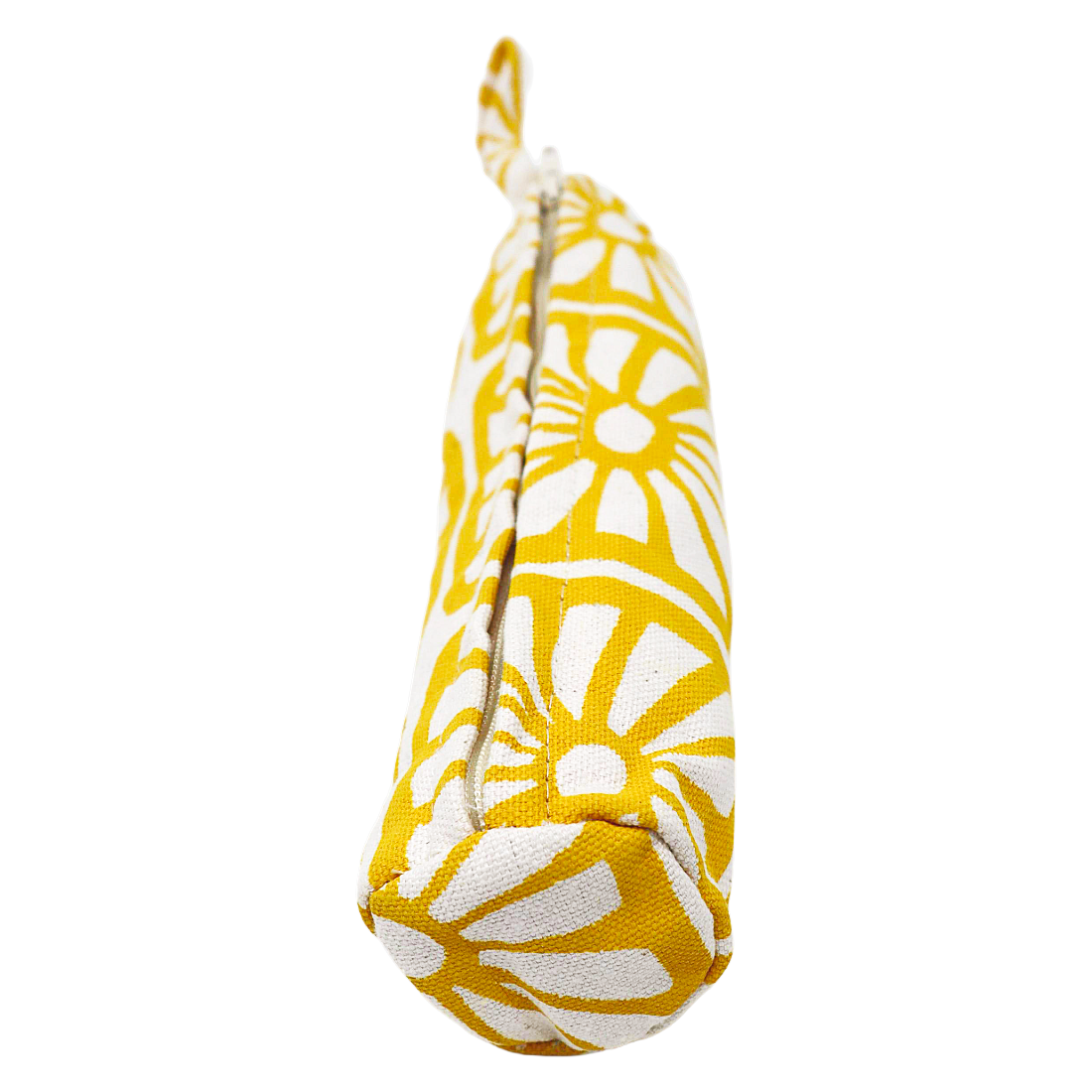 A cylindrical fabric pouch with a yellow and white geometric sunburst pattern, featuring a matching yellow loop handle on a plain white background.