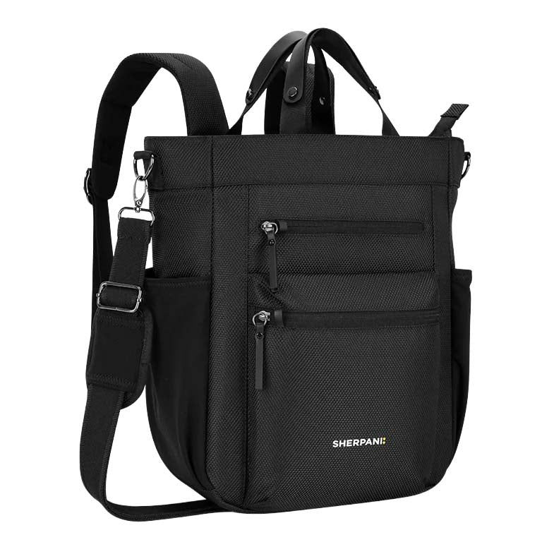 Black backpack with multiple pockets and a strap on a white background