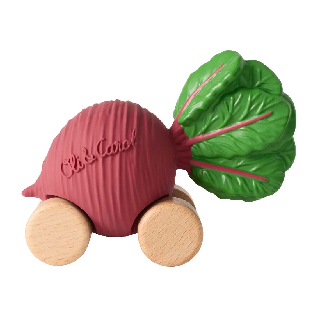 Pink radish-shaped toy with wooden wheels on a white background