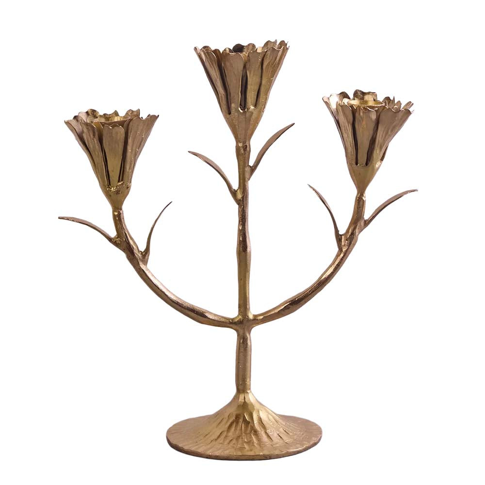 Bronze candelabrum with three candle holders on a white background