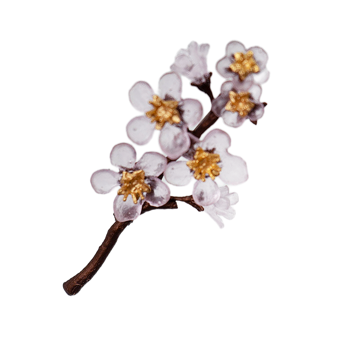 Floral brooch with white flowers and gold centers on a branch against a white background