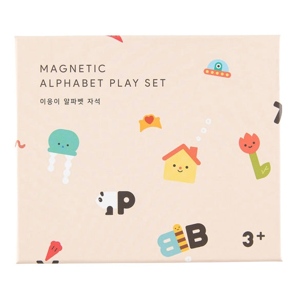 Magnetic alphabet play set packaging with colorful letters and illustrations on a beige background.