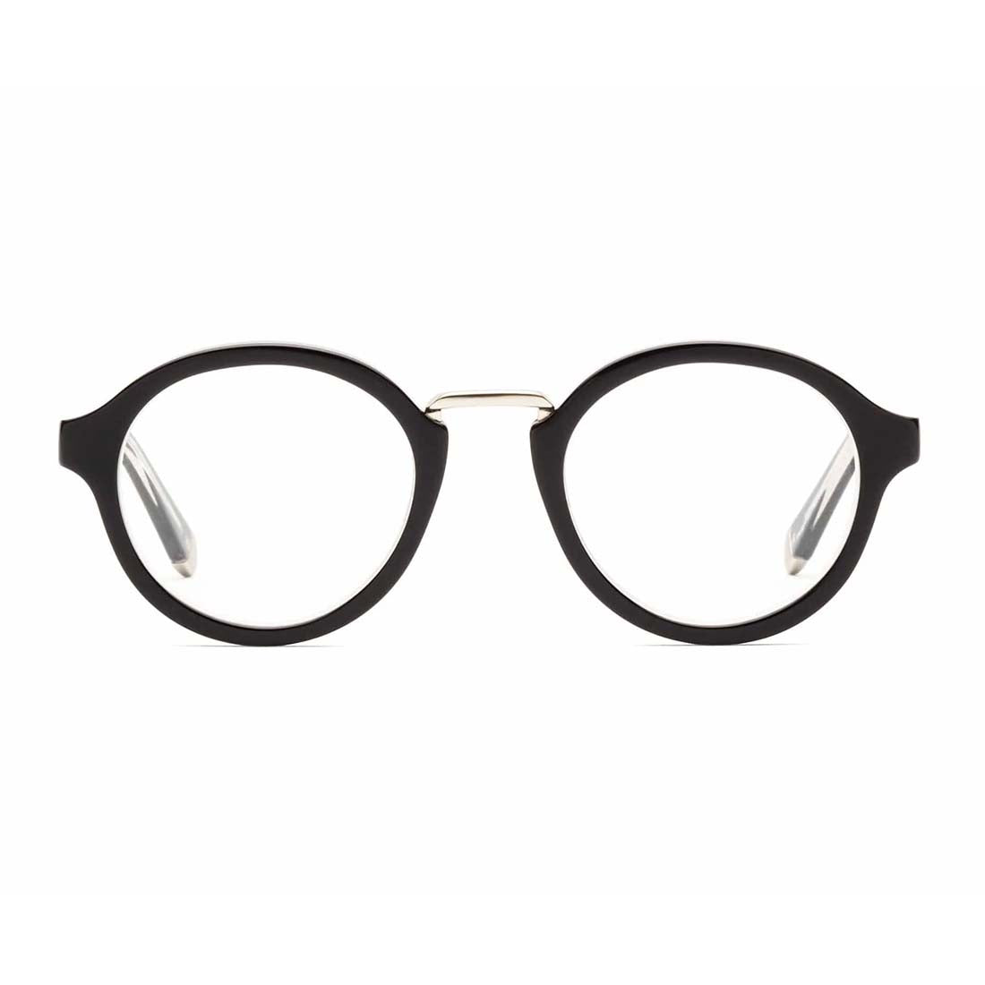 A pair of round-framed black reading glasses with a metallic hinge.