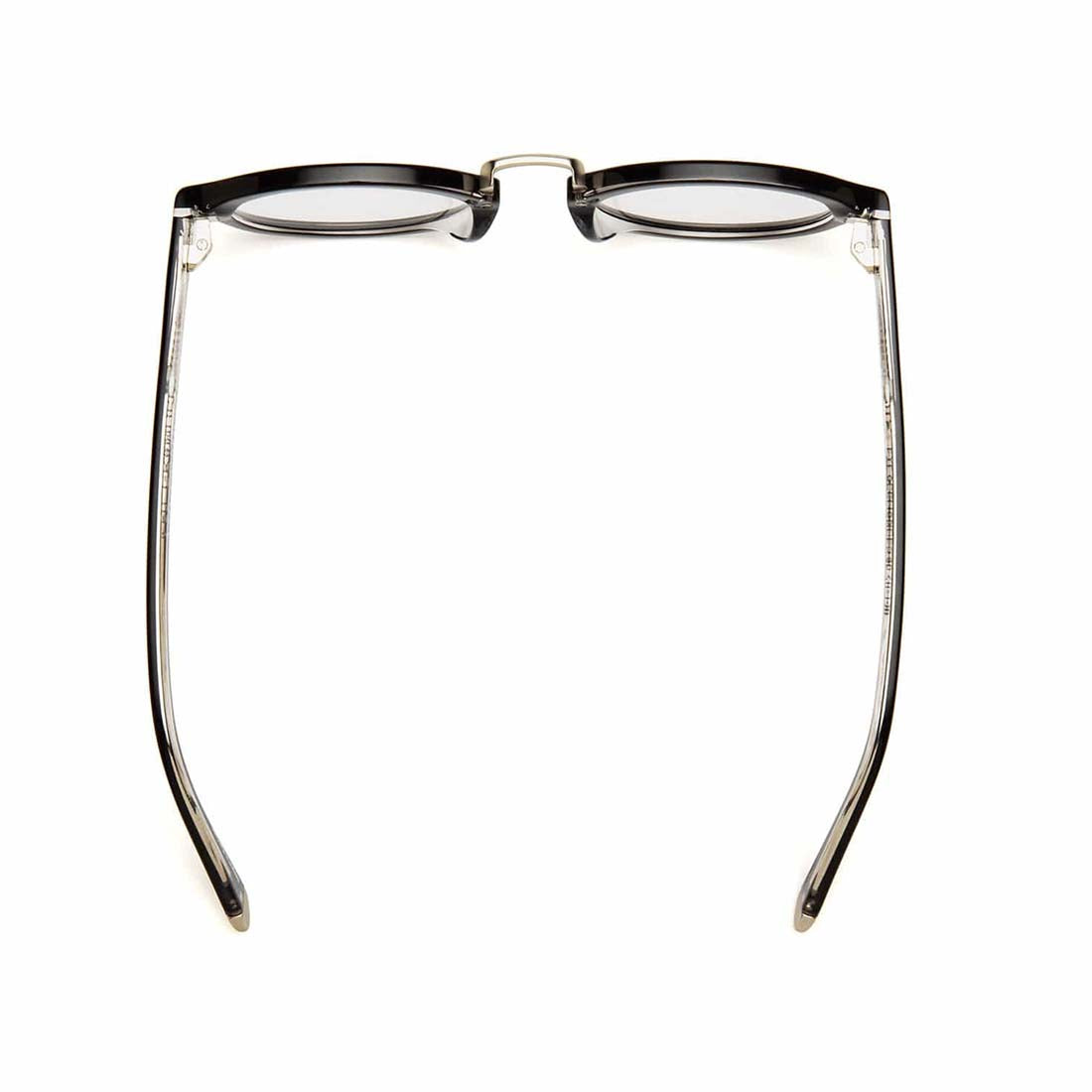 A pair of round-framed black reading glasses with a metallic hinge.
