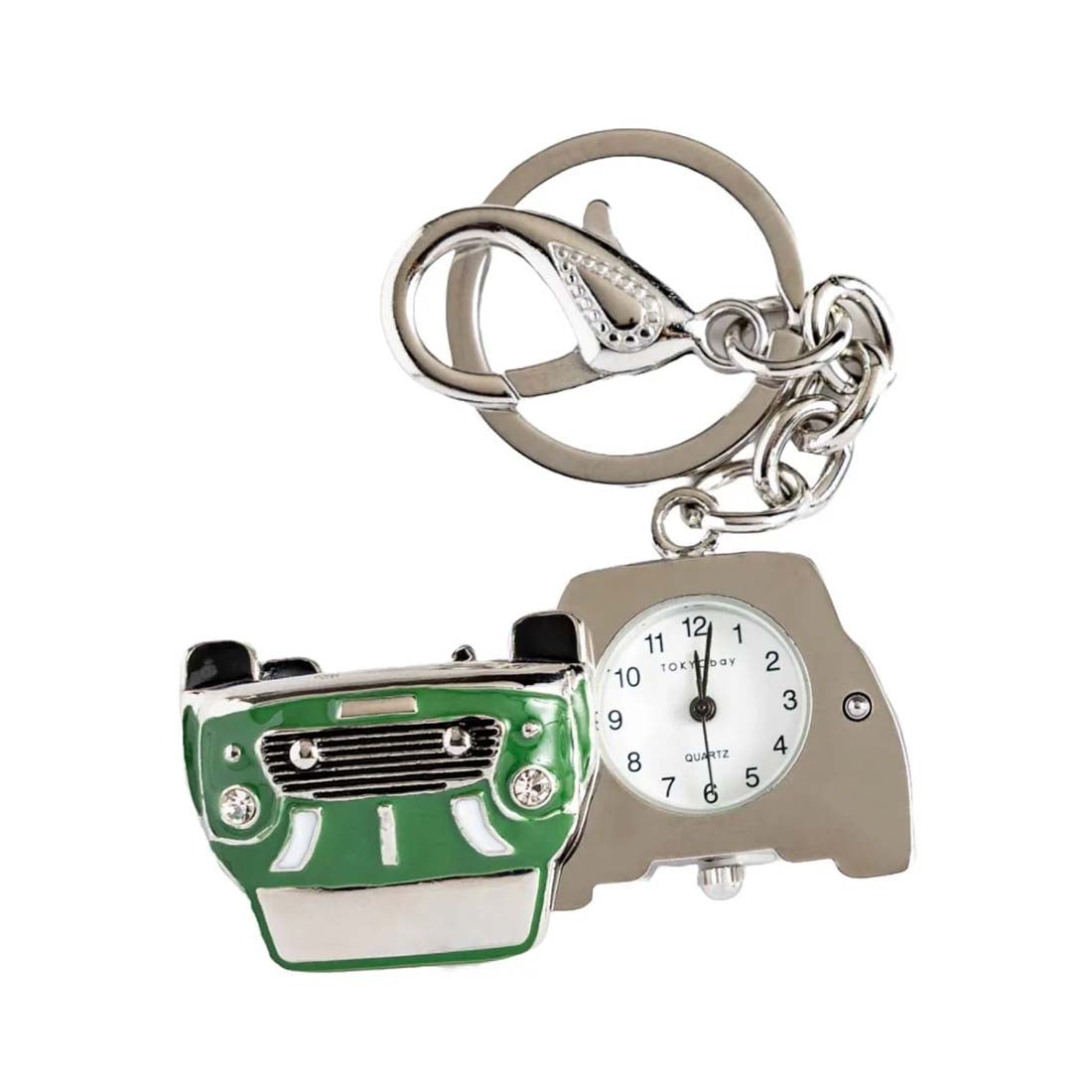 Keychain with green car-shaped clock on a white background