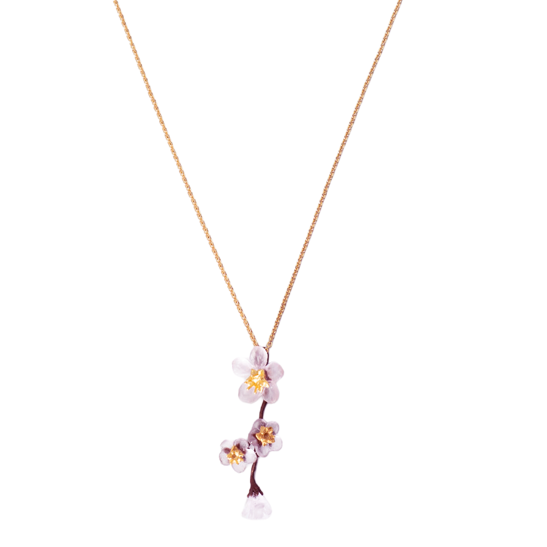 Gold necklace with a heart-shaped pendant featuring a blue gemstone on a white background