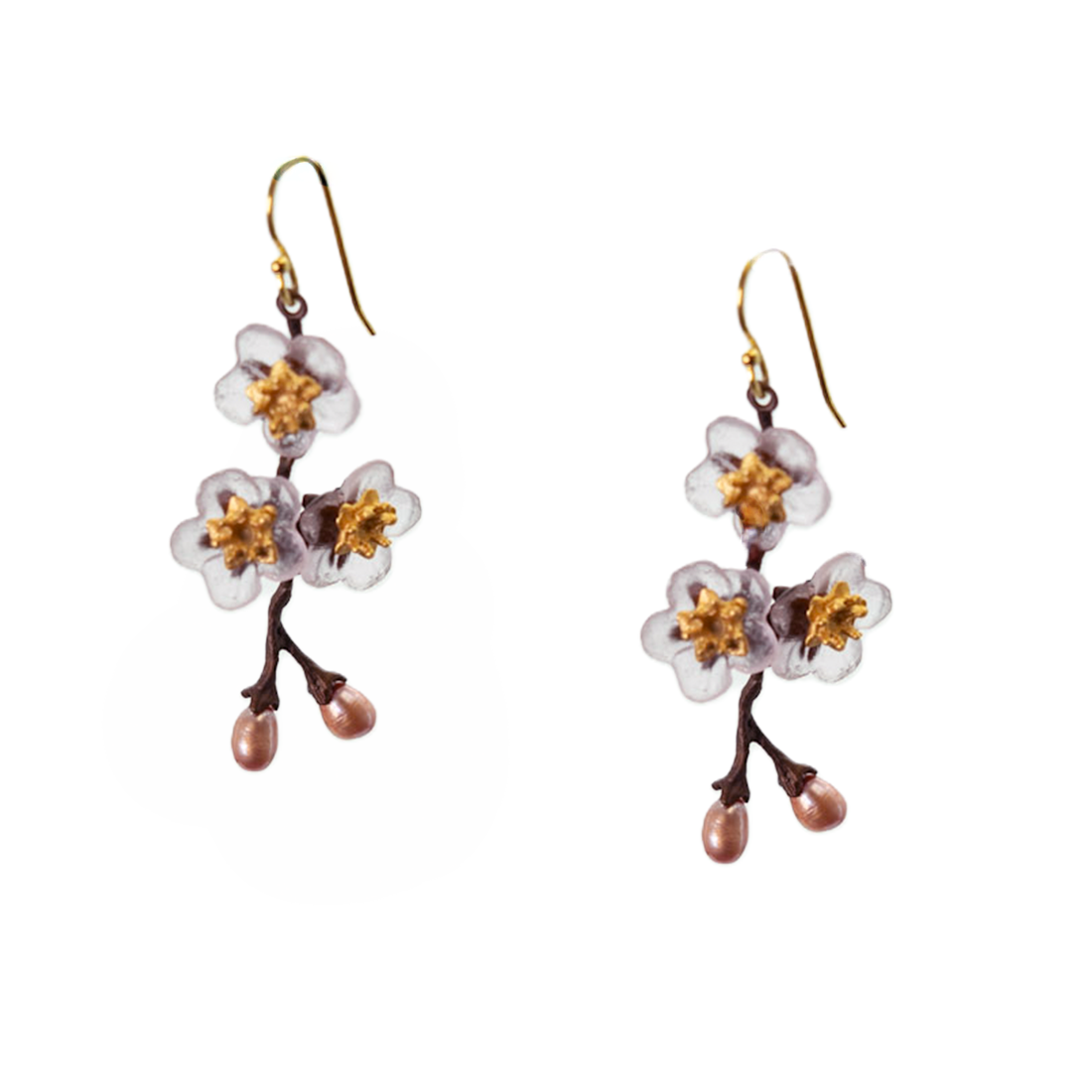Floral earrings with gold centers and pink accents on a white background