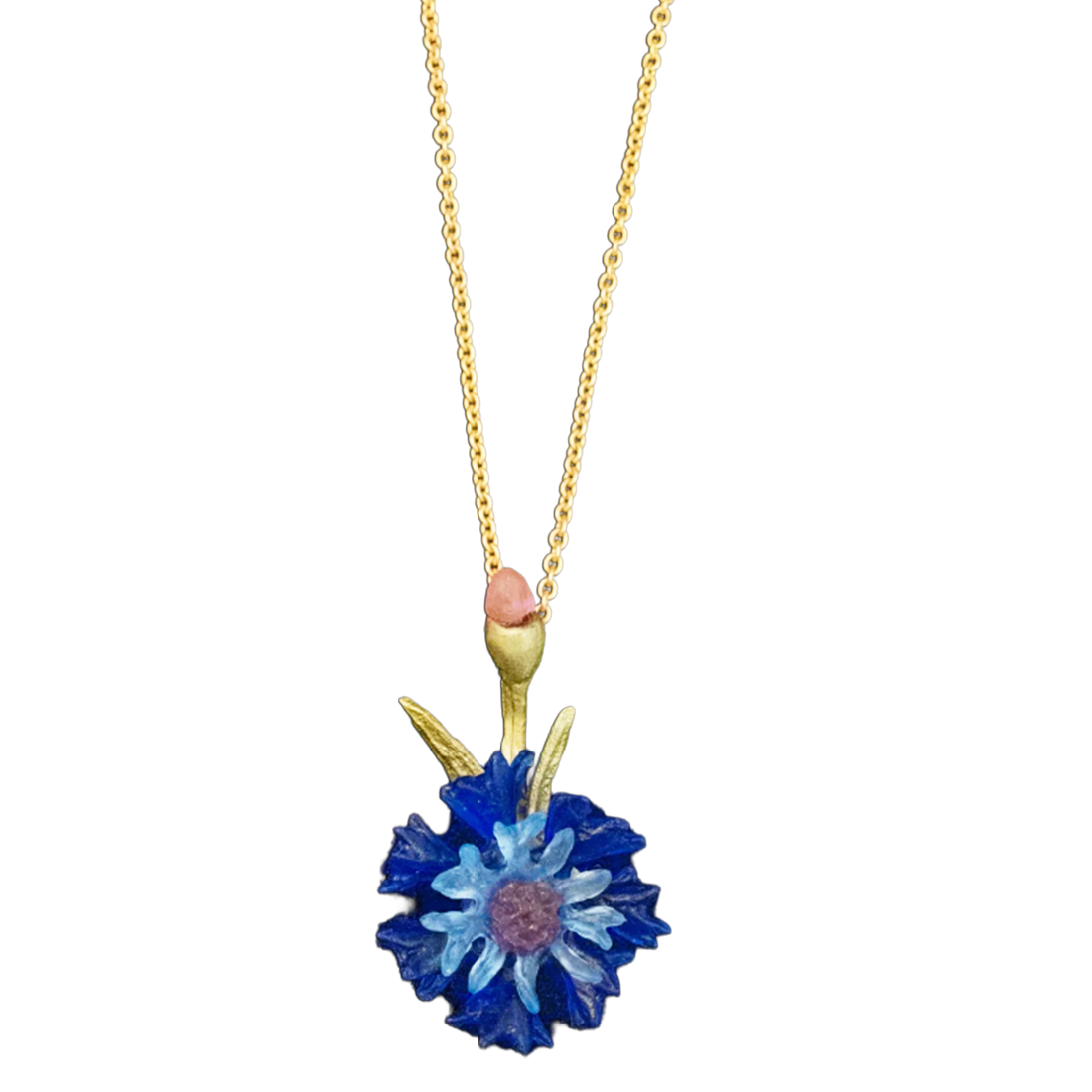 Necklace with a blue flower pendant on a white background
