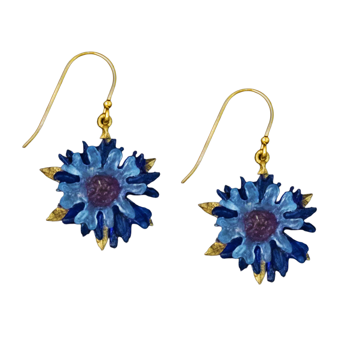 Blue flower-shaped earrings with gold accents on a white background