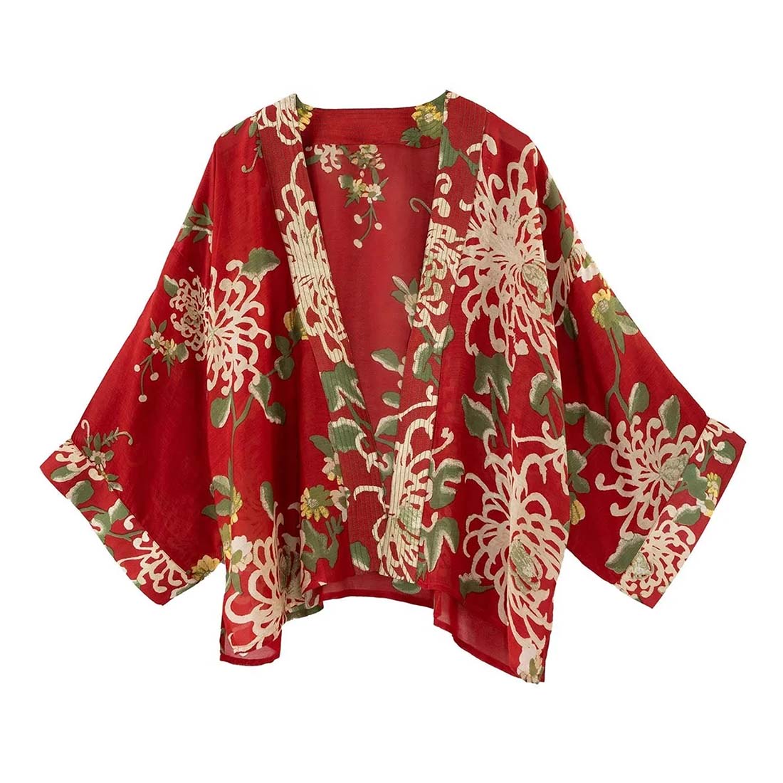 Red floral kimono-style top on a white background