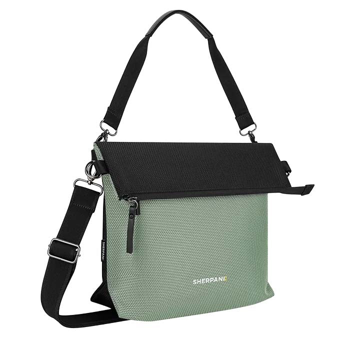 Green and black crossbody bag with Sherpani logo on a white background