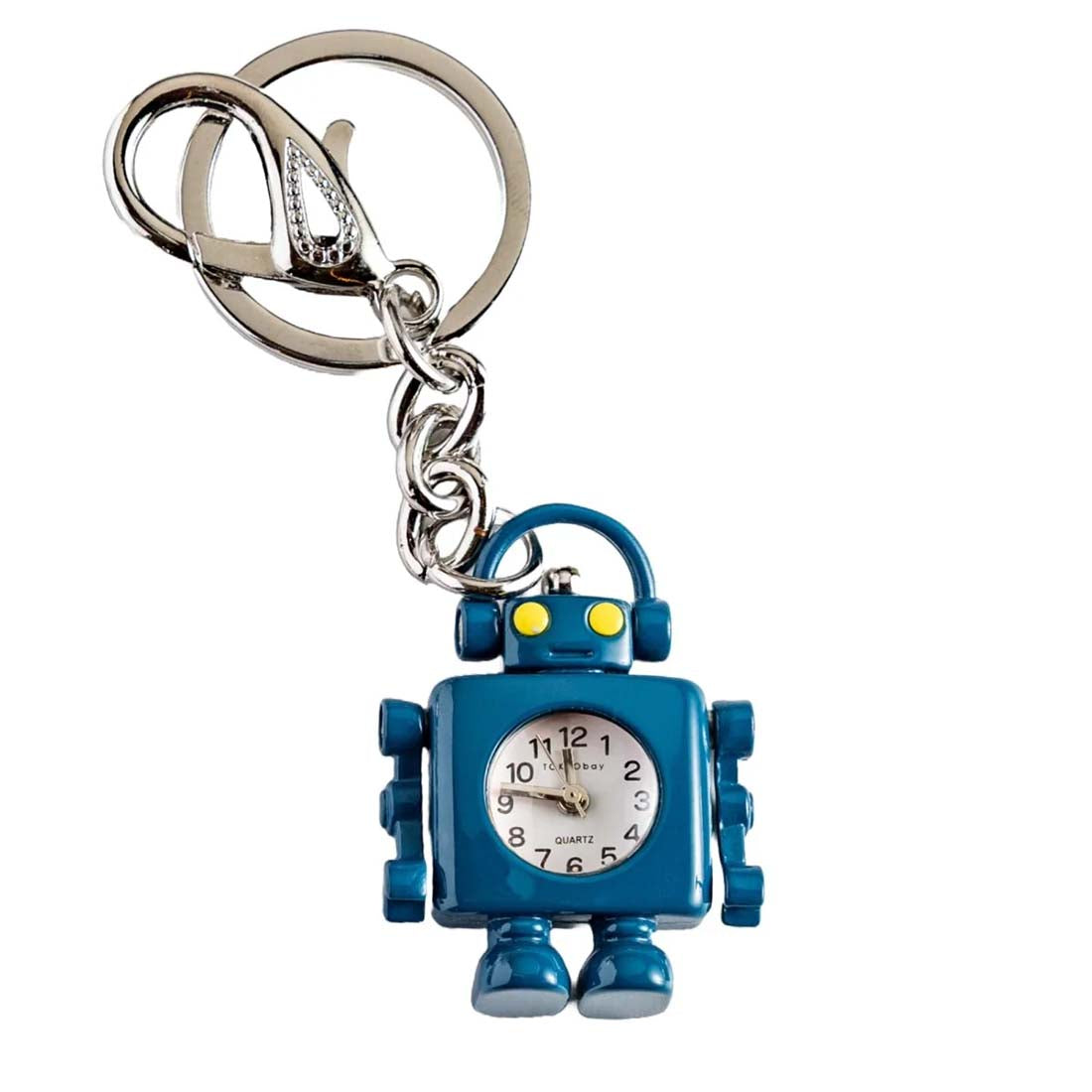 Blue robot-shaped keychain with clock face on a white background