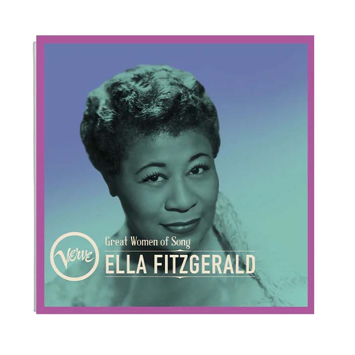 CD cover featuring a portrait of Ella Fitzgerald with a blue and purple background, titled 'Great Women of Song: Ella Fitzgerald'.