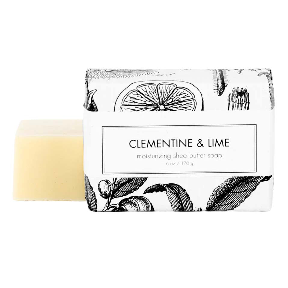 Bar of soap with 'Clementine & Lime' packaging on a white background