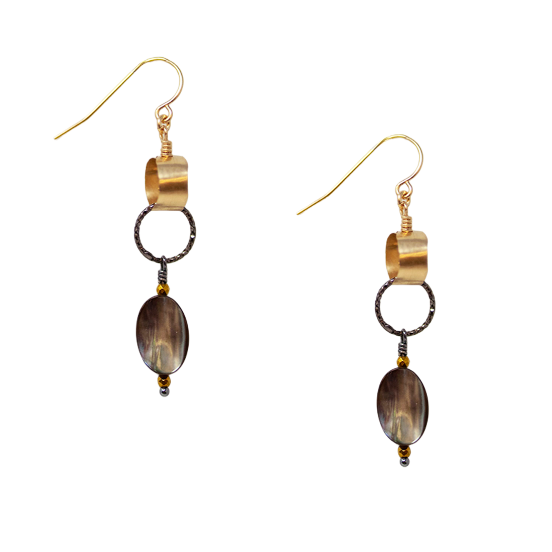 Pair of gold and brown earrings on a white background