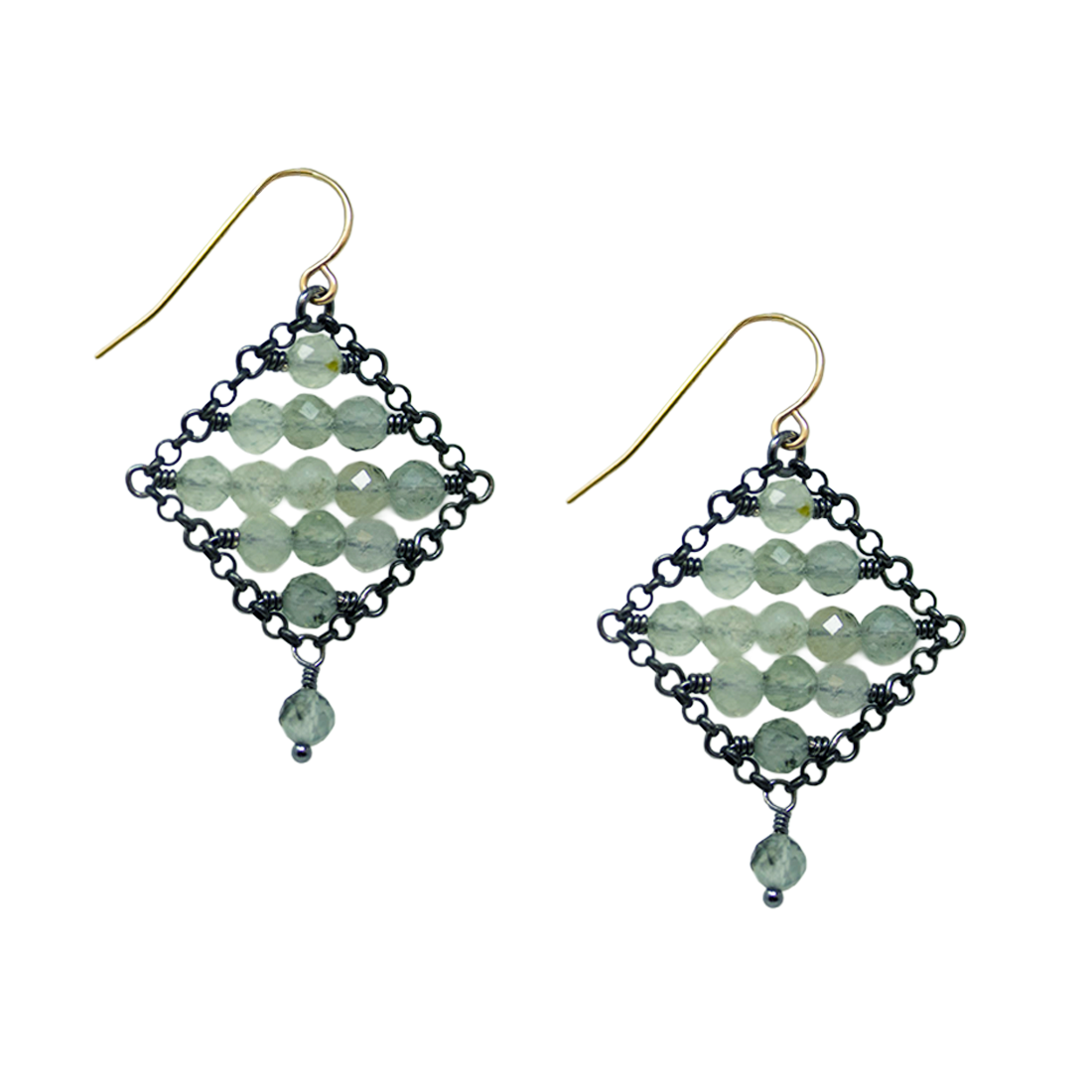 Pair of diamond-shaped earrings with green beads on a white background