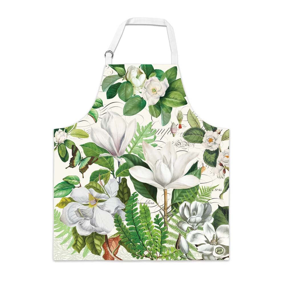 Floral apron with white flowers and green leaves on a white background