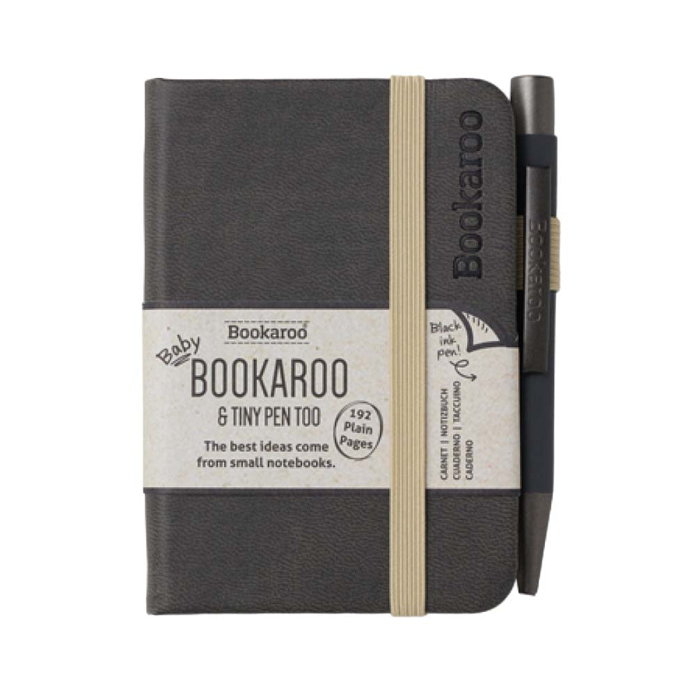 Black notebook with pen and Bookaroo branding on a white background