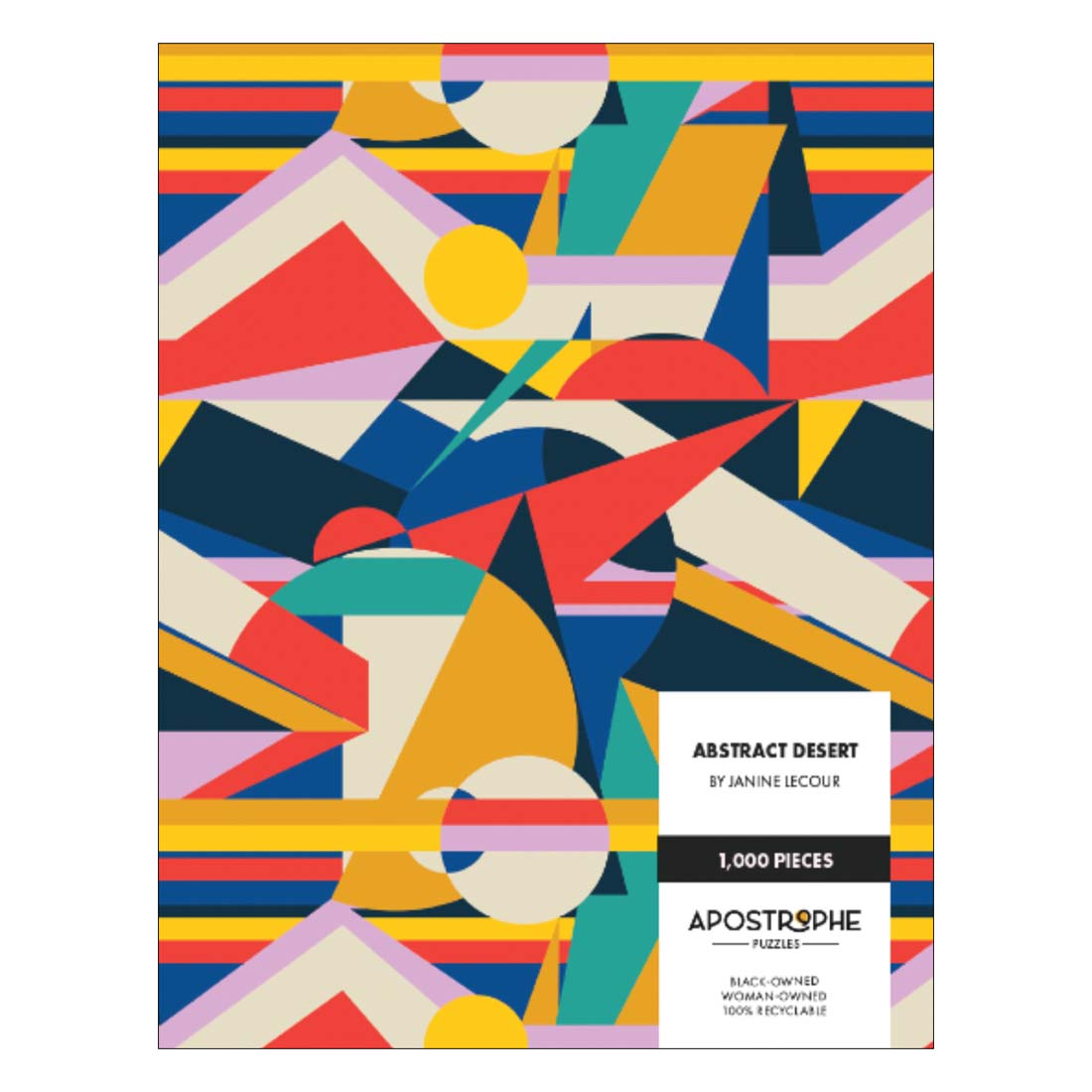 A packaged jigsaw puzzle with a vibrant, geometric abstract design featuring bold colors, titled 'Abstract Desert' by Janine Lecour.