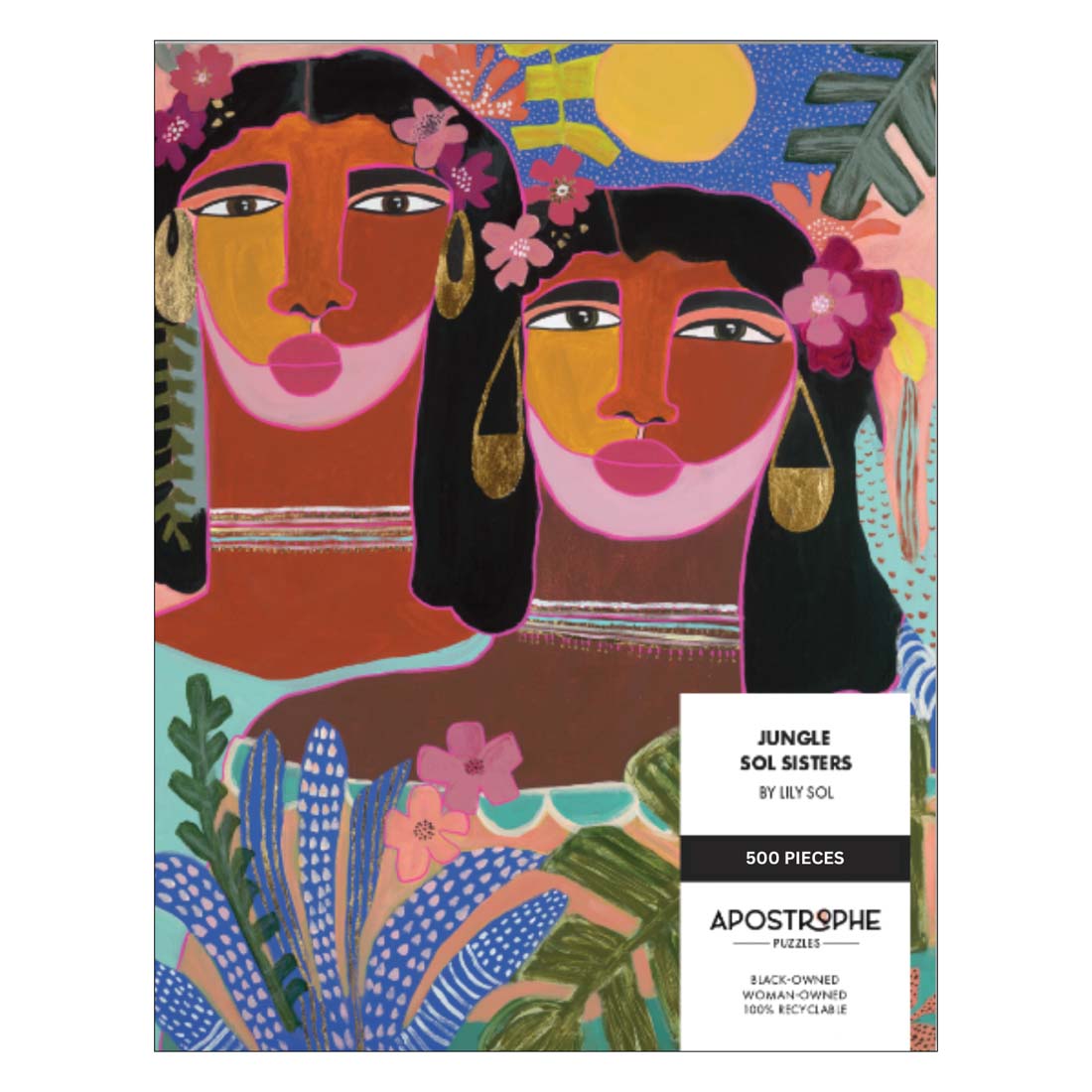 A packaged 500 piece jigsaw puzzle featuring an illustration of two female figures with floral elements and a colorful background.