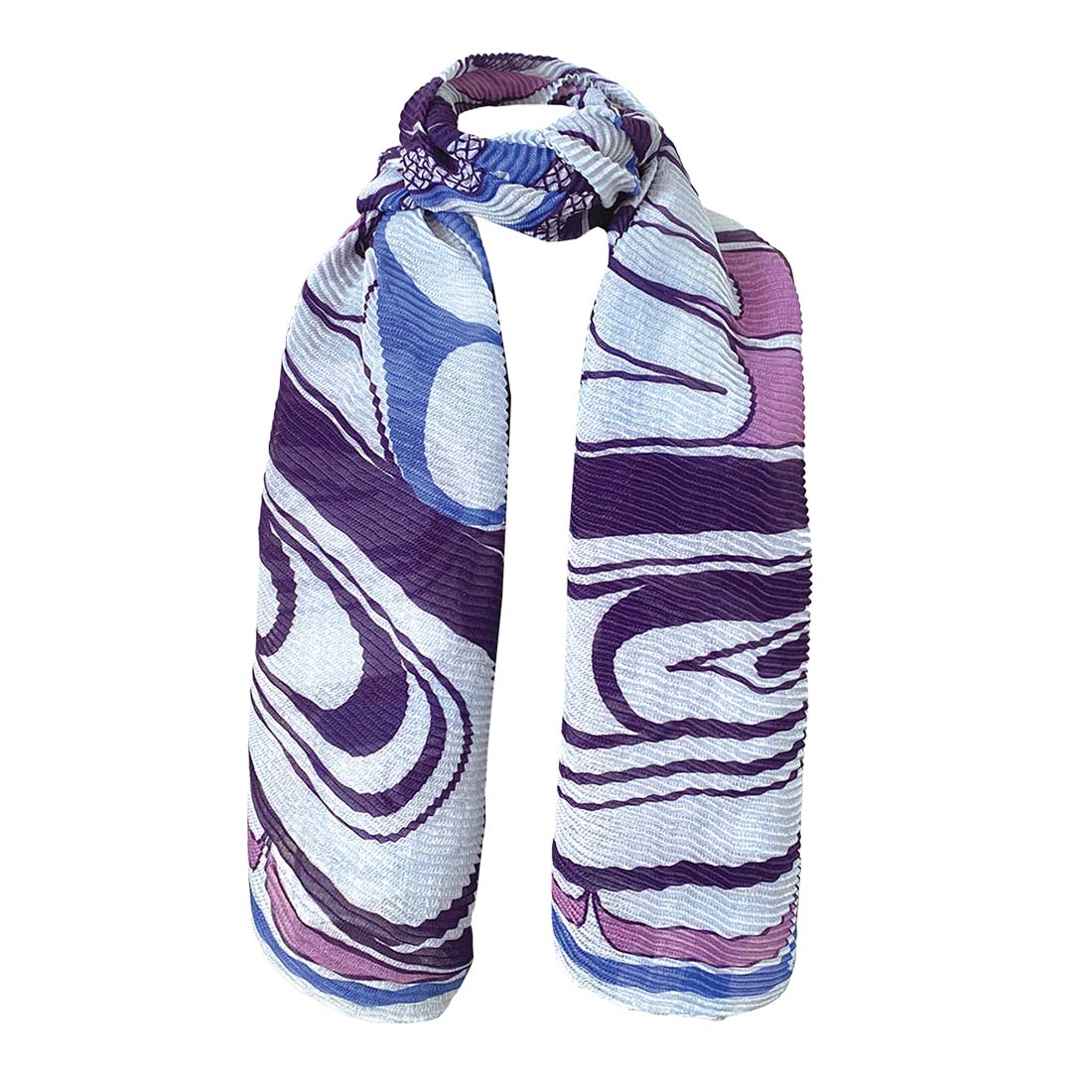 An eco scarf with a geometric pattern in shades of blue and purple, displayed flat.