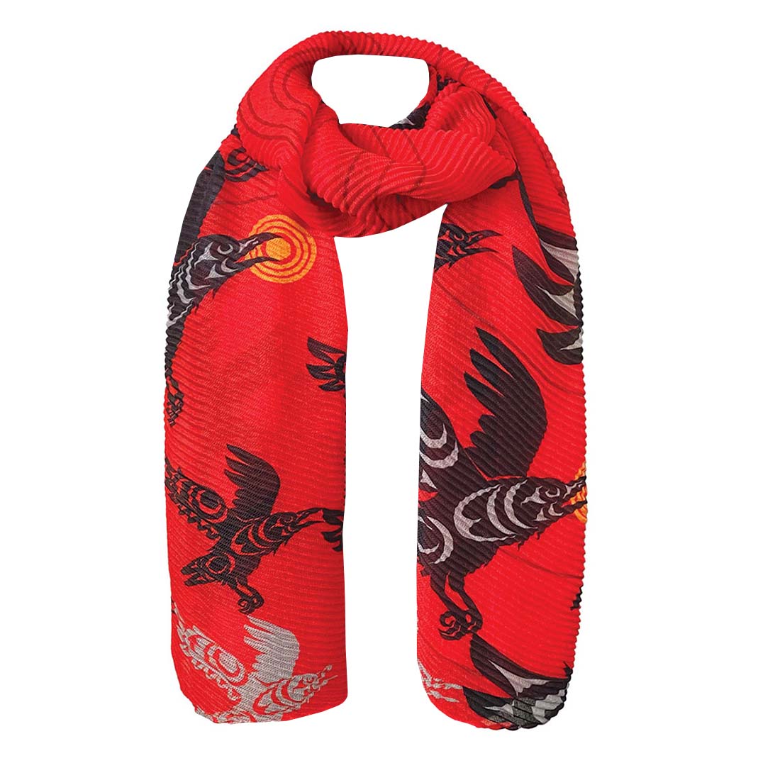 A red scarf with black and gray patterns, displayed on a plain background.