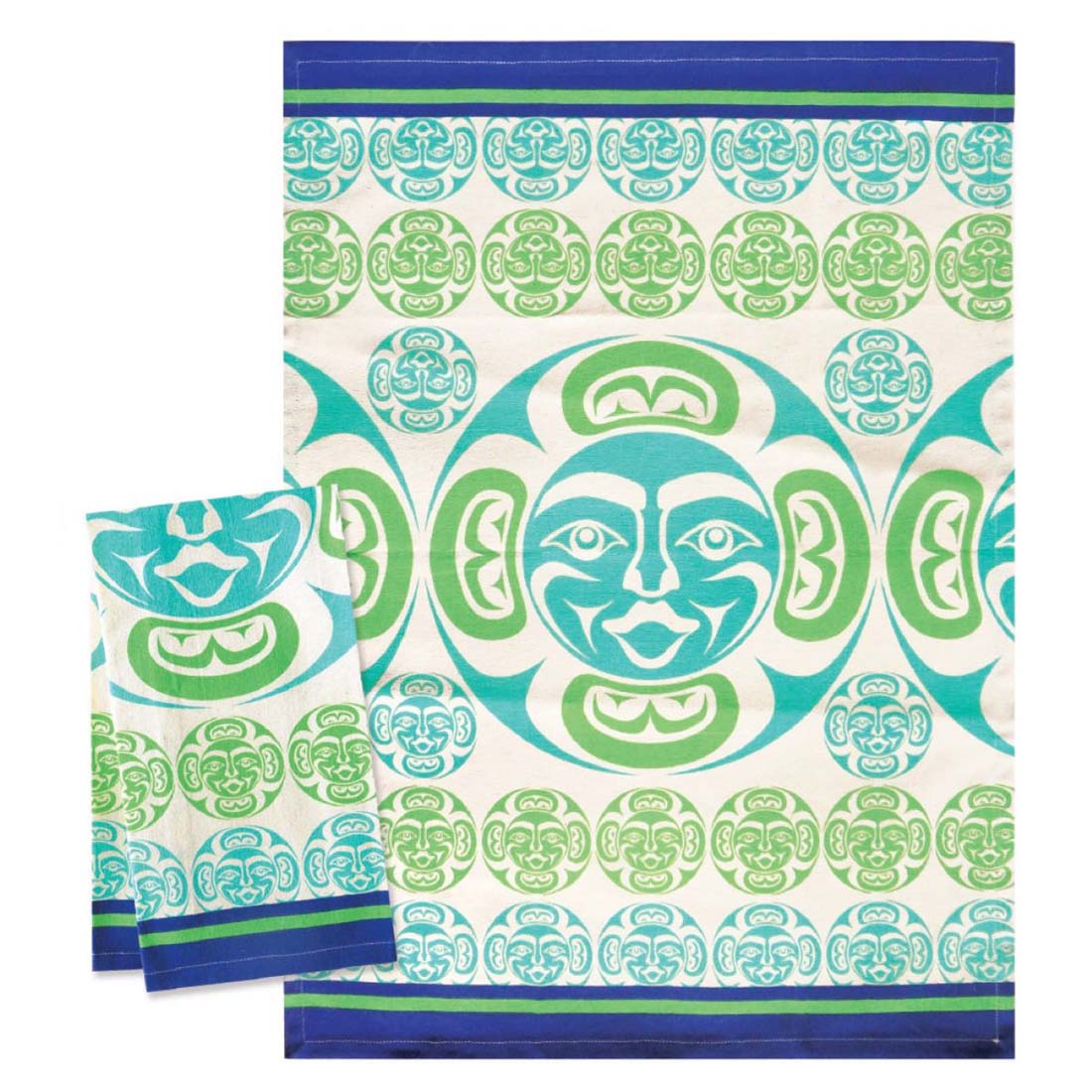 A multicolored cotton tea towel featuring a geometric pattern with face motifs in blue and green on a natural beige cotton, with a blue border.