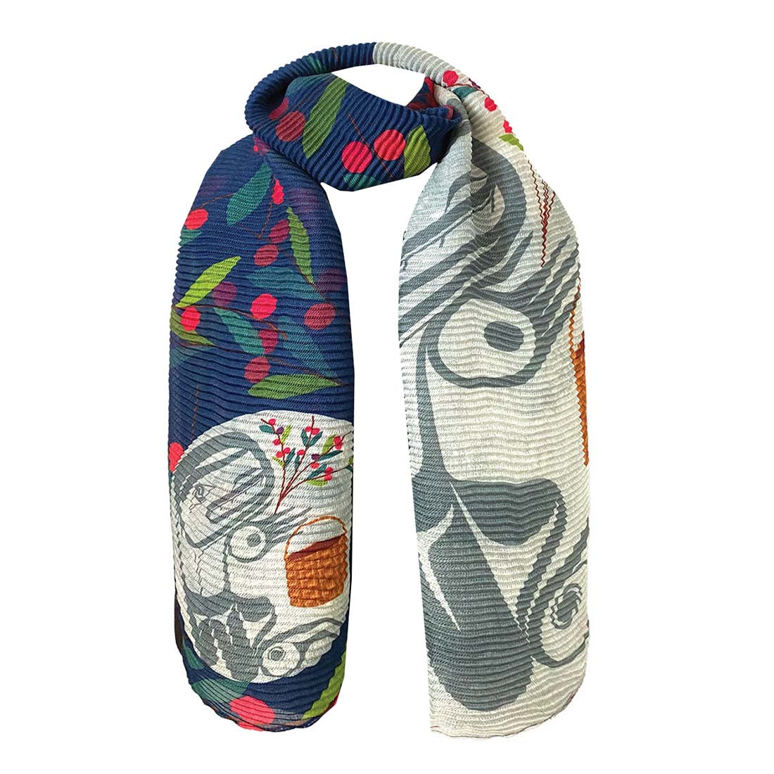 A scarf with a geometric pattern, featuring a mix of geometric shapes in various colors, displayed in a looped presentation.