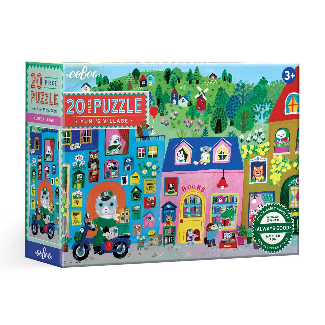 Puzzle box with colorful illustration of a village scene and 'eeBoo' branding.