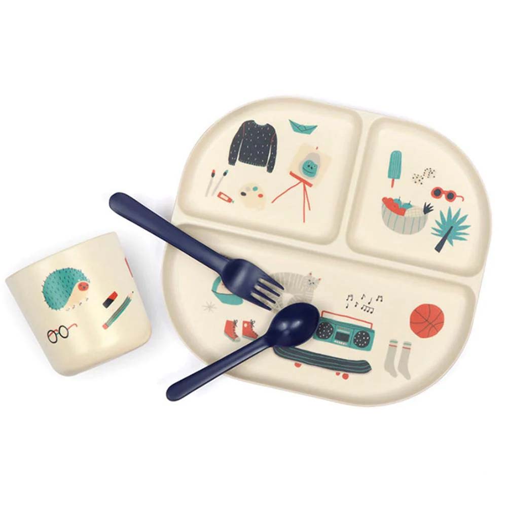 Royal Blue Illustrated Bamboo Kids Dinner Set