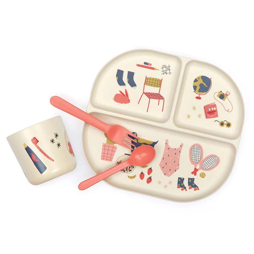 Coral Illustrated Bamboo Kids Dinner Set