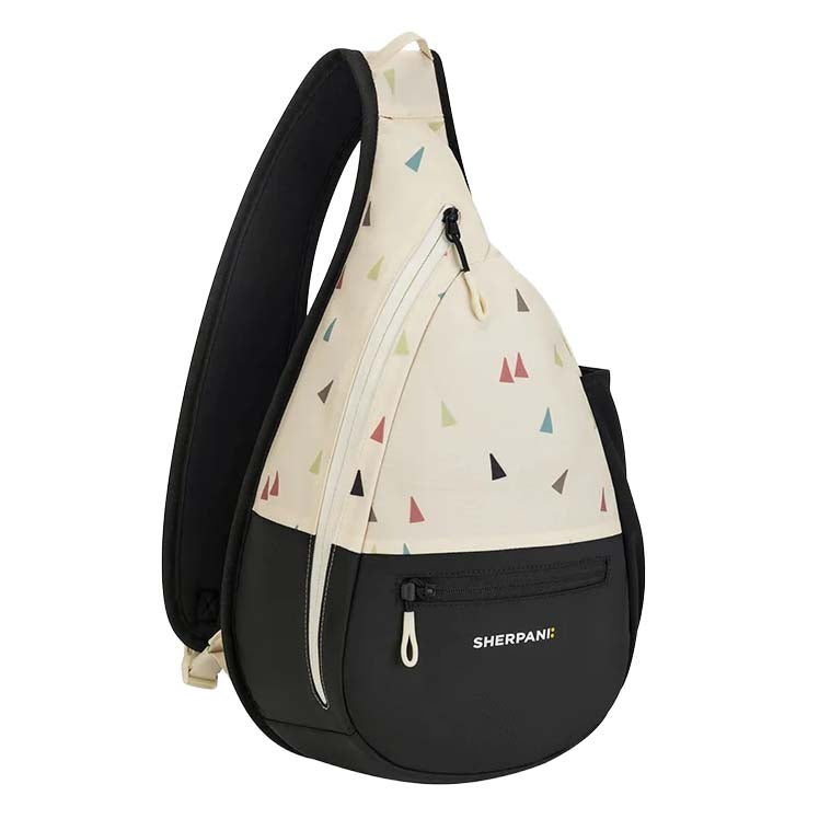 Sling bag with geometric pattern on a white background